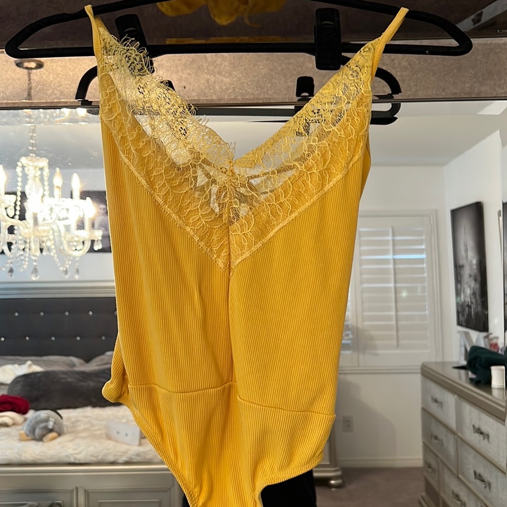 Revolve Yellow lace tie back bodysuit